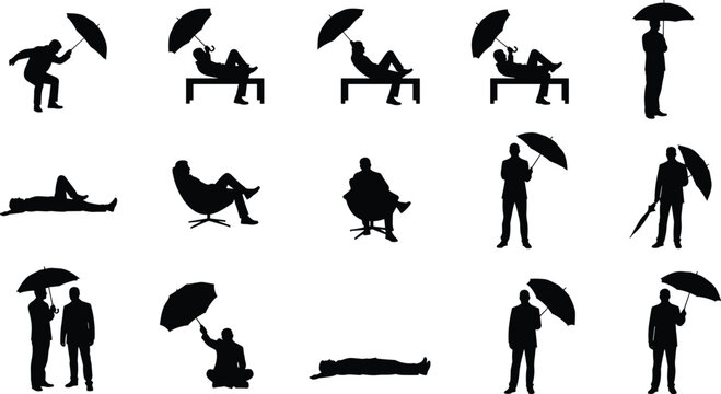 Vector silhouette set of men in various poses including sitting on benches lying down and standing while holding umbrellas isolated on white background