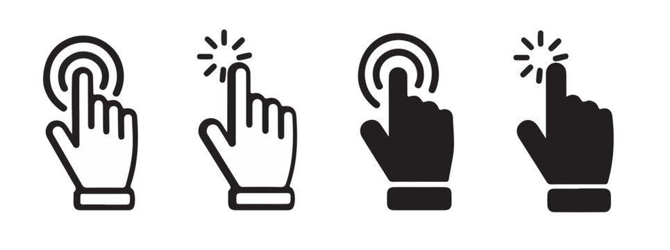 Hand Click Icon Set, Cursor Pointer Symbols in Outline and Flat Style, UI UX Vector Illustration