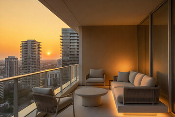 Obraz premium A luxurious balcony with seating and a stunning sunset view of a city skyline.