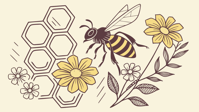 Honey bee flying near yellow flowers and hexagonal honeycomb structure