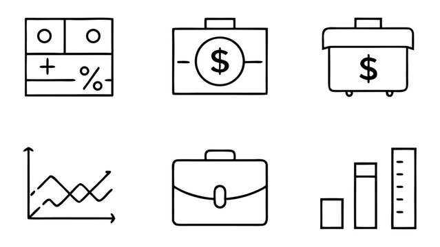 Eighteen white money icons with a wallet and graph on black background.