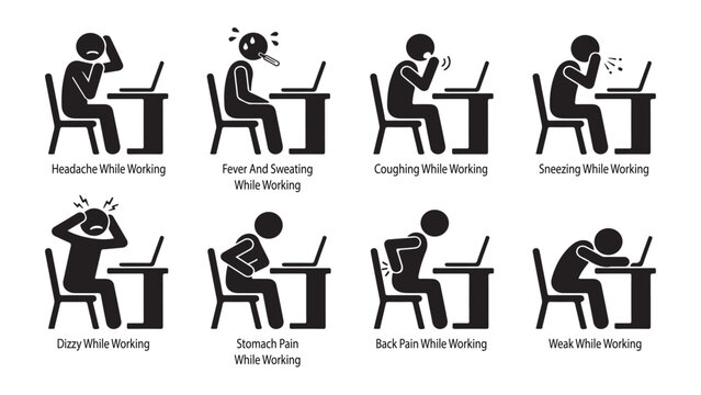Stick figure office worker feeling unwell with headache, fever, back pain, and cough symptoms.