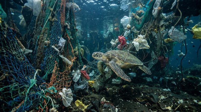A sea turtle swims through a vast ocean filled with plastic pollution and discarded fishing nets underwater.