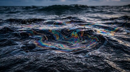Obraz premium A dark ocean with a swirl of colorful oil slick floating on the surface of the water under a cloudy sky