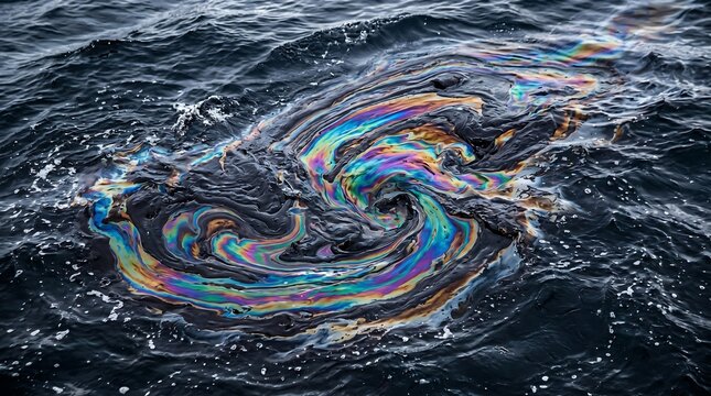 A vibrant swirl of rainbow-colored oil slick floats on the surface of dark ocean water with waves.