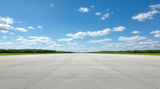Expansive View of a Serene and Empty Airport Runway Under a Bright Blue Sky with Fluffy Clouds and Lush Green Fields Surrounding the Area