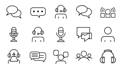 Fototapeta premium A series of white speech bubble outline icons representing communication and dialogue channels arranged on a solid black backdrop.