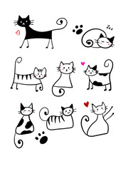 Naklejka premium Cute Cat Line Art Illustration with Adorable Activities and Heart Elements, Black and White Coloring Page, Ikon, Sticker