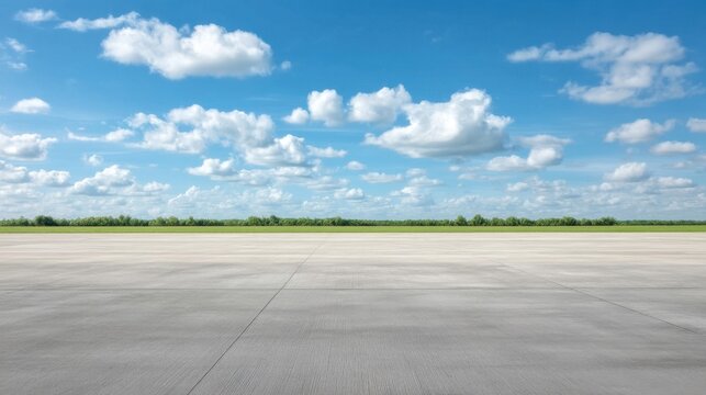 Expansive Clear Sky Over Green Landscape with Clouds and Pavement in Foreground for Scenic Background or Nature Imagery