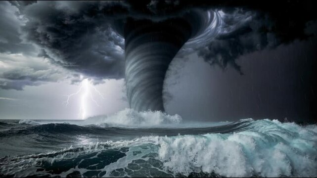 Powerful ocean tornado storm with lightning and turbulent waves over dark stormy sea