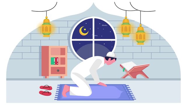 Person is Offering of nawafil late night animation, Man Performing Sajda Bowing Down in Prayer animated video, ramadan and Eid al-Fitr clip, Muslim fasting month footage, Islamic holidays motion