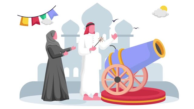 Emirati Iftar Canon firing Tradition animation, indication the time of Ifthar to break Fast animated video, ramadan and Eid al-Fitr clip, Muslim fasting month footage, Arabic holidays motion