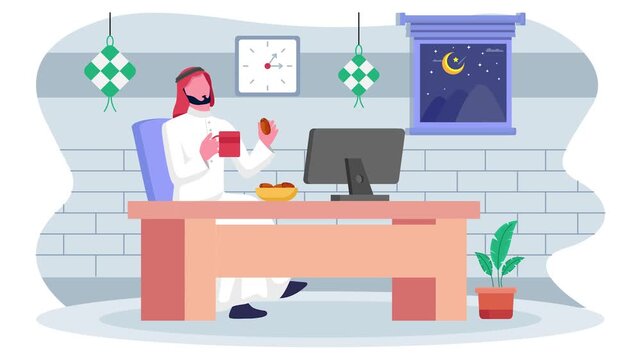 Emirati Muslim doing dua before breaking the fast animation, Ifarti time at Workplace animated video, observing ramadan Eid al-Fitr clip, Muslim fasting month footage, Arabic holidays motion graphics
