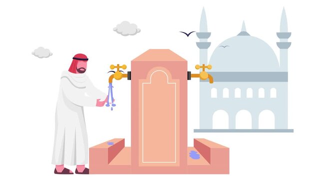 Saudi Muslim performing wudu or ablution in front of Mosque animation, act of washing before prayer animated video, ramadan Eid al-Fitr clip, Muslim fasting month footage, Arabic holidays motion