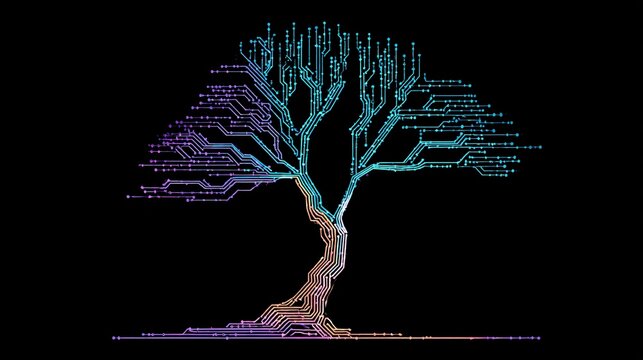 Technological roots: A glowing circuit tree illustration with intricate branching patterns, symbolizing the foundation of digital networks and the flow of information.