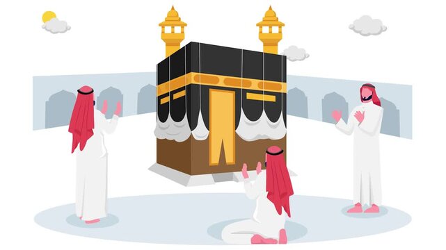 Saudi Mens Around Mataf Masjid al-Haram animation, Traditional Clothing people Dua at Kaaba animated video, Ramadan Eid al-Fitr clip, Muslim fasting month footage, Arabic holiday motion graphics