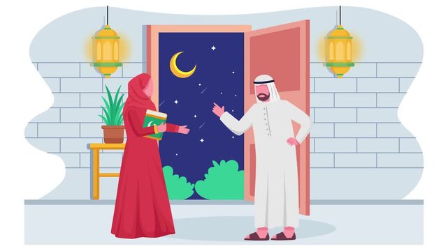 Couple Talking About upcoming Festival animation, Evening Gatherings During Eid Holidays animated video, ramadan ied al-Fitr clip, Muslim fasting month footage, Arabs home Interior motion graphics