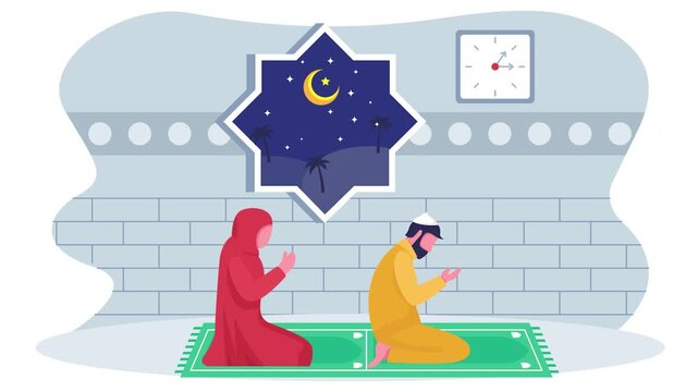 Muslims Couple kneeling in prayer facing Qibla animation, Person Raising hands in dua at Qadr Night animated video, Ramadan and Eid al-Fitr Clip, Muslim fasting month footage, Arabic holidays motion