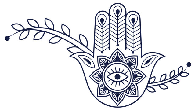 Stylized hamsa hand graphic with floral and eye motifs protection monochrome