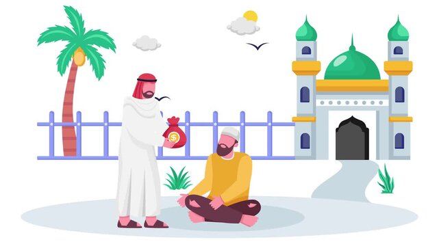 Money bag handed over to Needy Brother animation, Almsgiving or Fitrana right before eid Prayer animated video, ramadan and al-Fitr clip, Muslim fasting month footage, Arabic holidays motion graphics