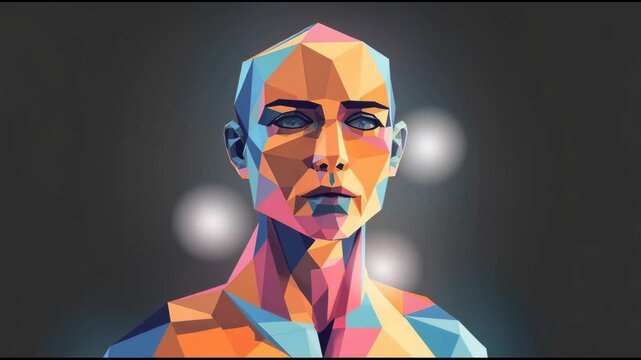 Abstract geometric polygonal human face with bright colorful shapes and futuristic digital art style