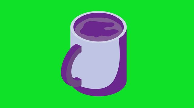 Stylized lavender and purple mug features a dark steaming liquid 4K stock animation video on a green screen for chroma key background in video editing.