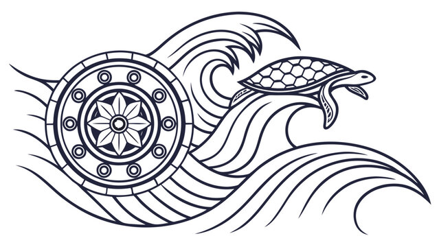 Sea turtle swimming across stylized ocean waves and circular mandala pattern