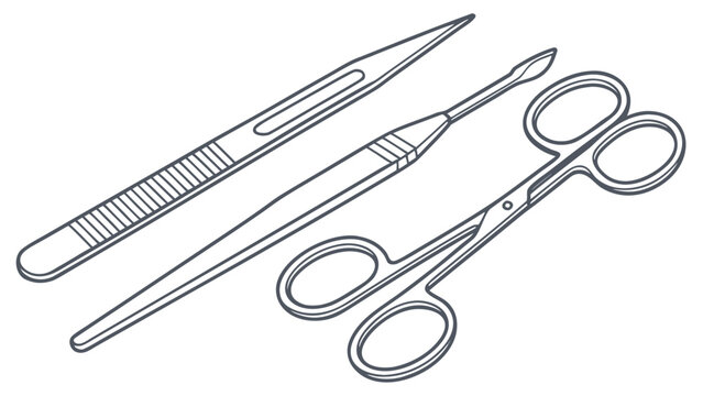 Set of medical surgical instruments forceps and scissors line art with surgical