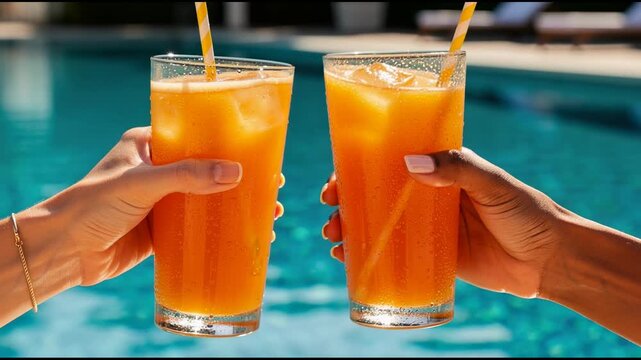 Refreshing orange juice drinks cheers by the pool on a sunny summer day