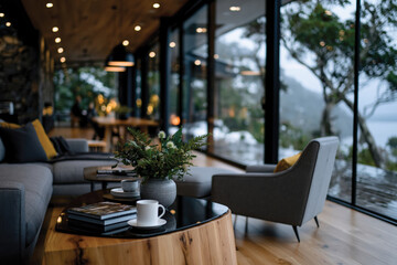 Fototapeta premium An inviting lounge area featuring plush seating arranged around a coffee table, perfect for enjoying both quality time and stunning views of the surrounding greenery and mountains.