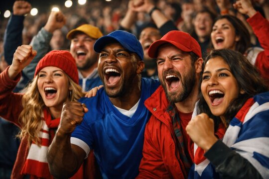 Close-up of excited  fans cheering in stadium stands, emotional crowd energy and strong team support atmosphere at a live sports event

