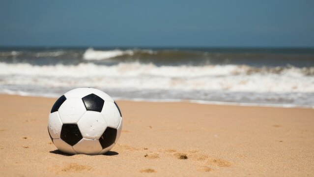 Soccer ball on sandy beach near the sea in bright summer light, clean outdoor sports scene for seasonal activity and vacation concepts

