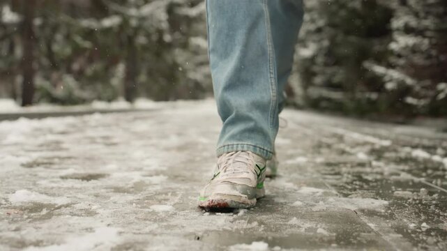 Jeans feet walking on icy pavement, cautious solo walker stepping slowly across light snow dusting, greenaccent sneakers leaving faint prints, wet asphalt and scattered leaves, quiet winter park