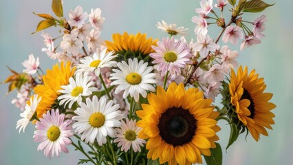 Naklejka premium Pretty daisy, sunflower, and cherry blossom flowers in a fresh botanical composition with soft light and cheerful spring colors
