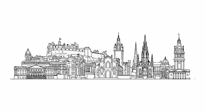 Stylized line art cityscape featuring historic buildings and a prominent castle on a hill