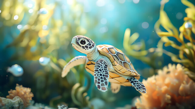 A sea turtle swims through coral reef with seaweed and sunlight.