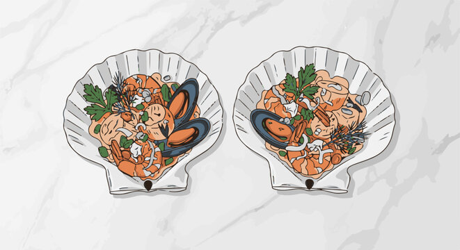 Two decorative scallop shells overflowing with seafood pasta, garnished with herbs