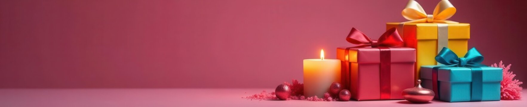 Brightly colored gift boxes, candles, and spinning top , card, candles