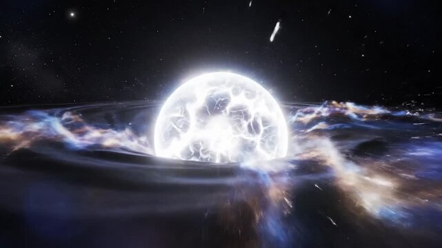 A blinding singularity emanates pure energy, creating ripples and bursts across the cosmic expanse of the universe.