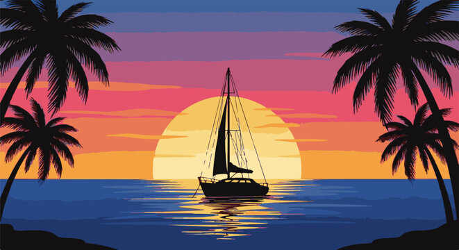 Silhouette of a sailboat on the ocean at sunset, framed by palm trees