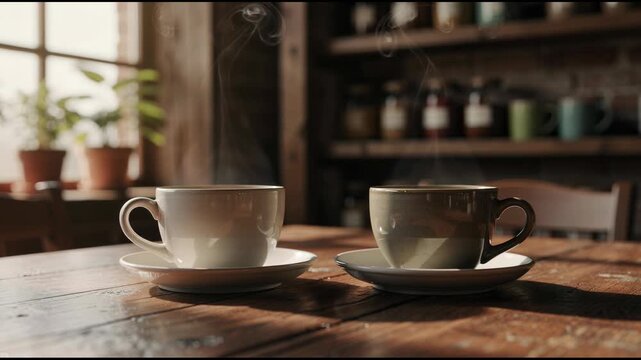 Cozy warm steaming coffee cups on rustic wooden table in inviting cafe with natural light and homey atmosphere