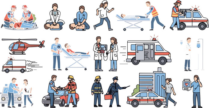 Emergency medical services personnel and vehicles including ambulance helicopter and first responders team.