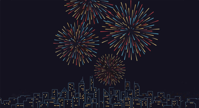 Stylized cityscape with colorful fireworks exploding in the dark night sky