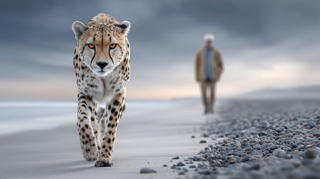 Cheetah walks along the shore with man in the background on rocky beach