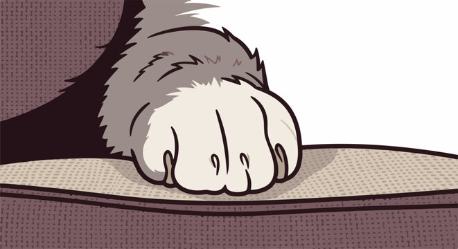 Close-up cartoon of a fluffy paw resting on textured fabric surfaces