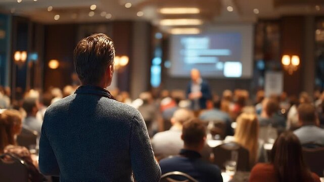 A man with neatly styled hair stands at the edge of a crowded conference room, facing a presenter and a large projection screen. Warm lighting, a softly blurred audience, and a focused, attentive mood