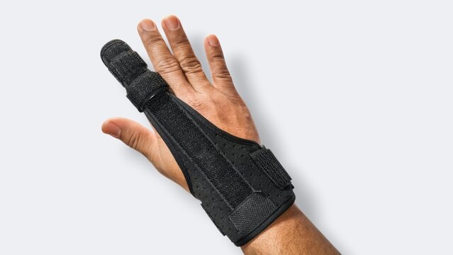 Top view of finger splint for trigger finger and tendonitis recovery on male hand.