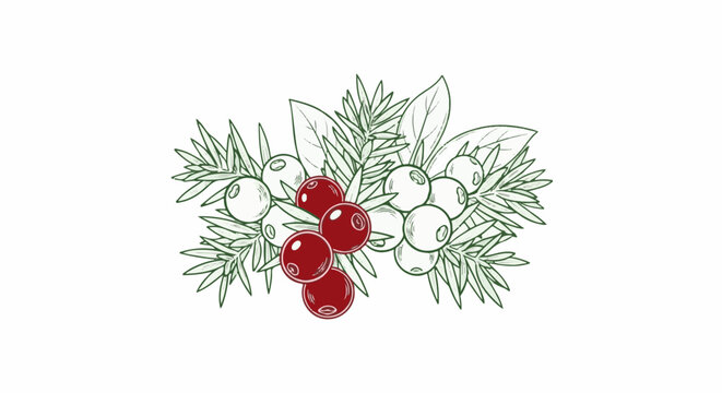 Hand-drawn cluster of juniper berries with needles and leaves