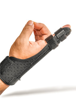Side view of finger splint for trigger finger and tendonitis support on white.