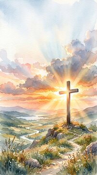 Spiritual sunrise glowing cross easter resurrection hope concept divine light religious background faith cross landscape